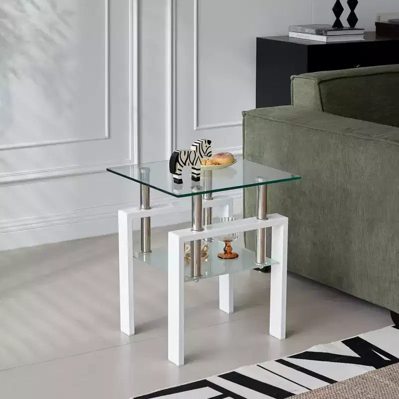 Set of 2 White Tempered Glass End Tables, 2-Tier with Storage