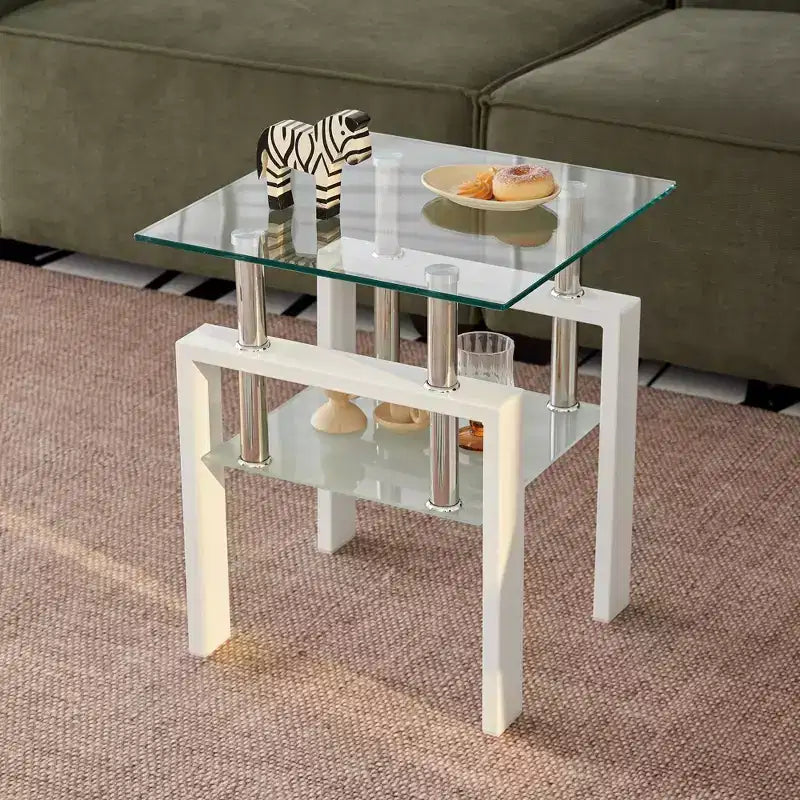 Lot de 2 tables d'appoint blanches en verre trempé, 2 niveaux avec rangement