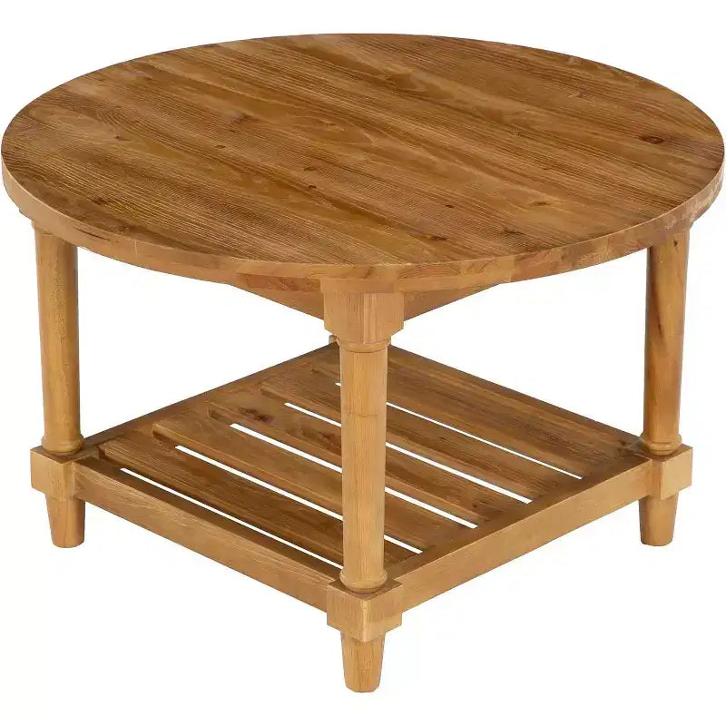 Lantine Round Coffee Table, 31.5 Farmhouse Solid Wood Center Table with Storage, 2-Tier Tea Table for Living Room, Small Spaces, Apartment