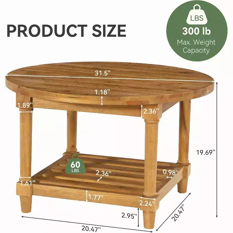 Table basse de ferme ronde de 80 cm, en bois de sapin massif à 2 niveaux, 136 kg, brun rustique