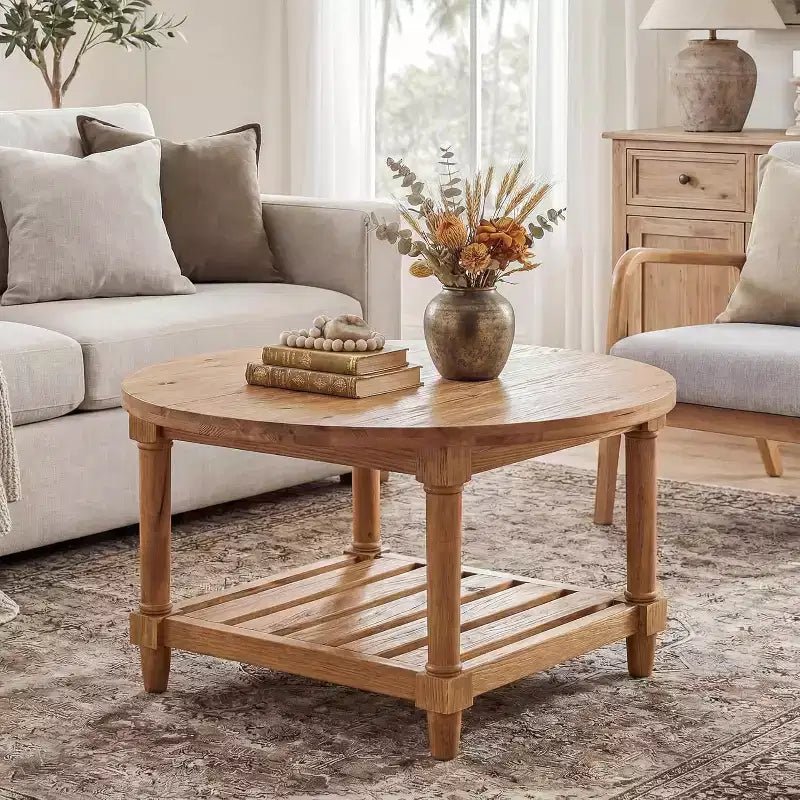 31.5 Inch Round Farmhouse Coffee Table, 2-Tier Solid Fir Wood, 300 lb, Rustic Brown