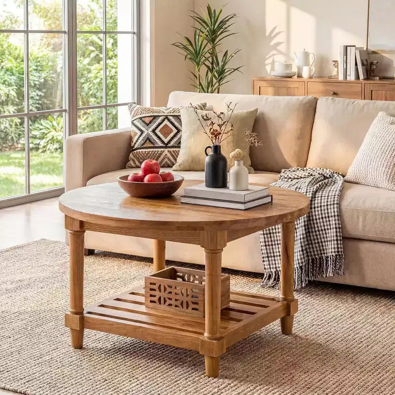 Table basse de ferme ronde de 80 cm, en bois de sapin massif à 2 niveaux, 136 kg, brun rustique