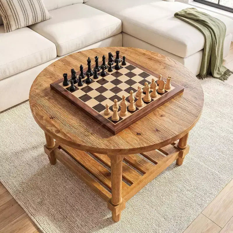 Table basse de ferme ronde de 80 cm, en bois de sapin massif à 2 niveaux, 136 kg, brun rustique