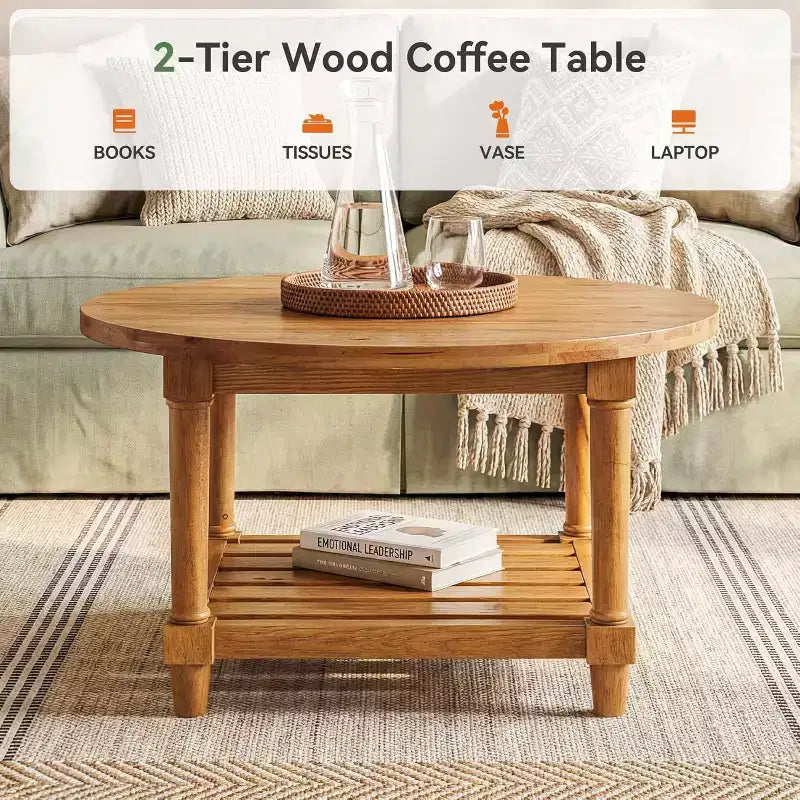 Table basse de ferme ronde de 80 cm, en bois de sapin massif à 2 niveaux, 136 kg, brun rustique