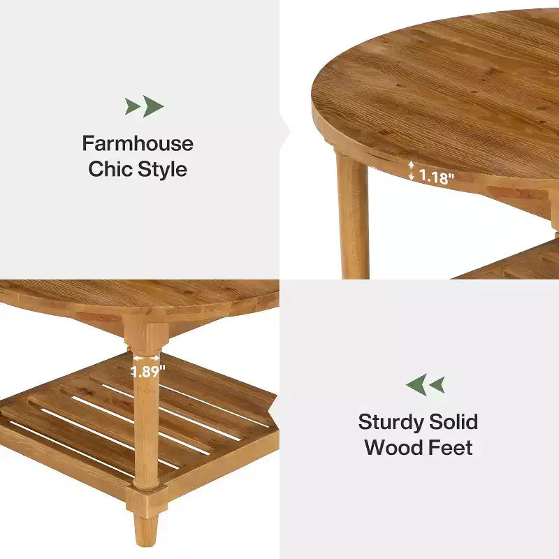 Table basse de ferme ronde de 80 cm, en bois de sapin massif à 2 niveaux, 136 kg, brun rustique