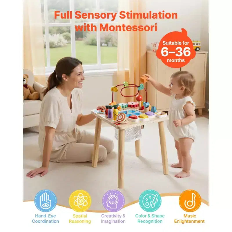 Table d'activités Montessori 8-en-1 pour tout-petits 1-3 ans, Bureau d'apprentissage en bois, Multicolore