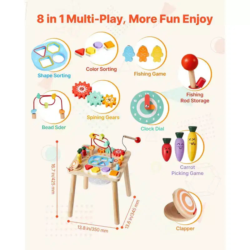 Table d'activités Montessori 8-en-1 pour tout-petits 1-3 ans, Bureau d'apprentissage en bois, Multicolore