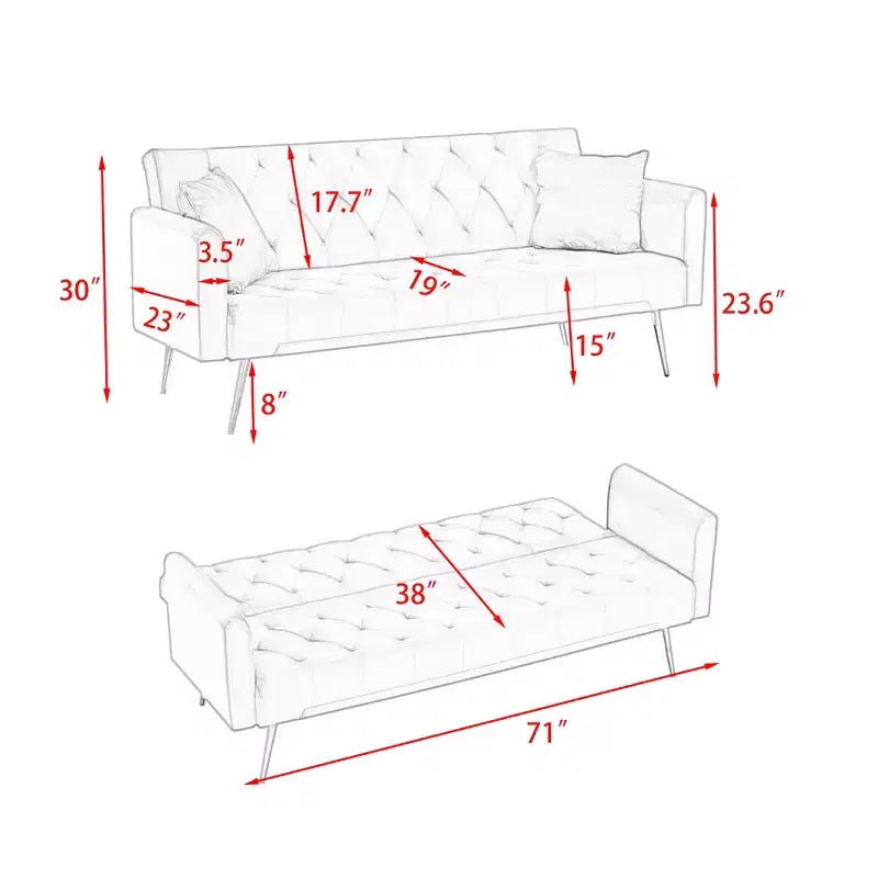 71 Inch Convertible Velvet Loveseat Sofa Bed, 3 Recline Positions, 600 lb, Metal Legs