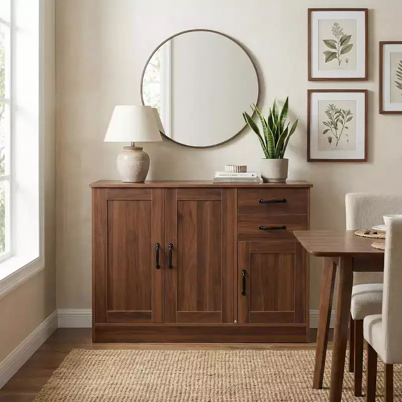 Buffet/bahut moderne en bois de 43 po, 3 portes et 2 tiroirs, tablettes ajustables, naturel