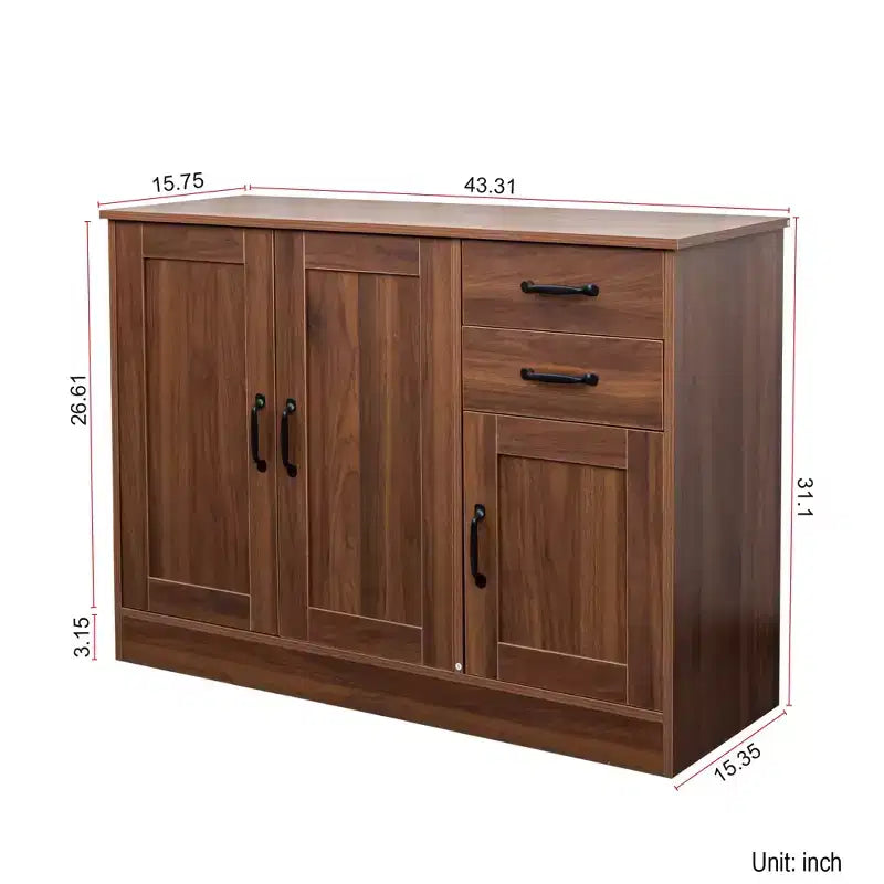 Buffet/bahut moderne en bois de 43 po, 3 portes et 2 tiroirs, tablettes ajustables, naturel