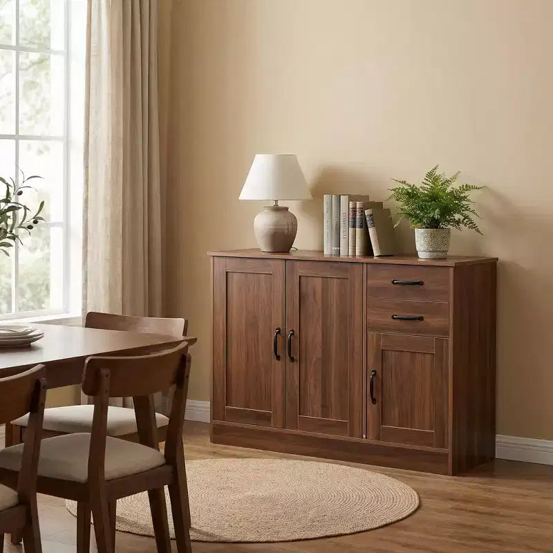 Buffet/bahut moderne en bois de 43 po, 3 portes et 2 tiroirs, tablettes ajustables, naturel