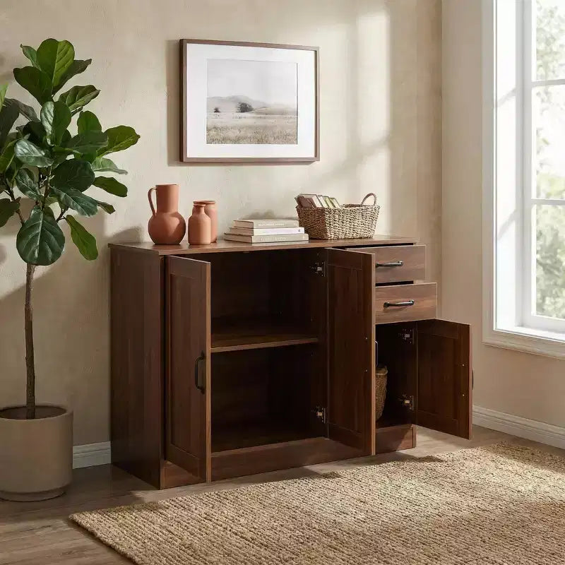 Buffet/bahut moderne en bois de 43 po, 3 portes et 2 tiroirs, tablettes ajustables, naturel