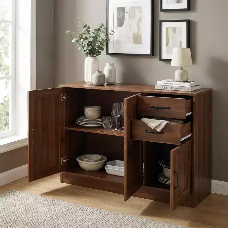 Buffet/bahut moderne en bois de 43 po, 3 portes et 2 tiroirs, tablettes ajustables, naturel