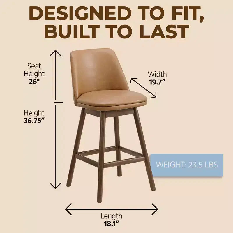 26 Inch Swivel Counter Stool, Faux Leather, Walnut Hardwood Legs, Set of 4