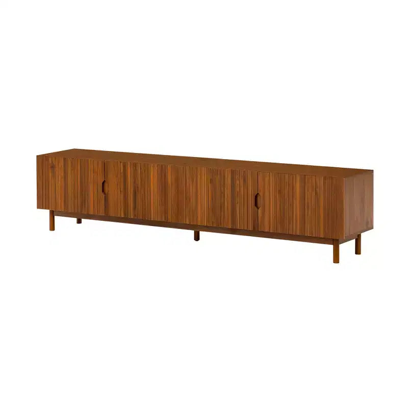 Meuble TV de 221 cm pour téléviseurs jusqu'à 90", portes rainurées à fermeture douce, pieds en bois massif, 45 kg