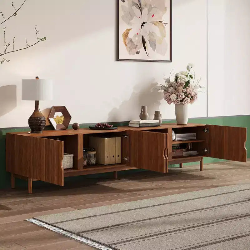 Meuble TV de 221 cm pour téléviseurs jusqu'à 90", portes rainurées à fermeture douce, pieds en bois massif, 45 kg
