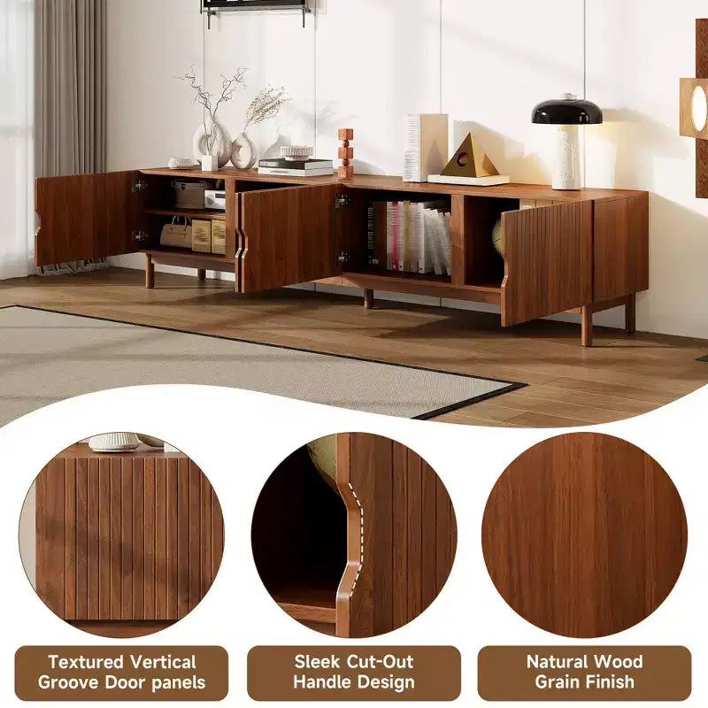 87 Inch TV Stand for TVs up to 90", Groove Soft-Close Doors, Solid Wood Legs, 100 lb