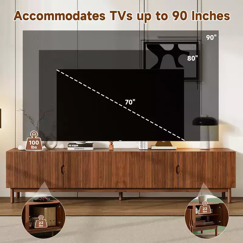 87 Inch TV Stand for TVs up to 90", Groove Soft-Close Doors, Solid Wood Legs, 100 lb