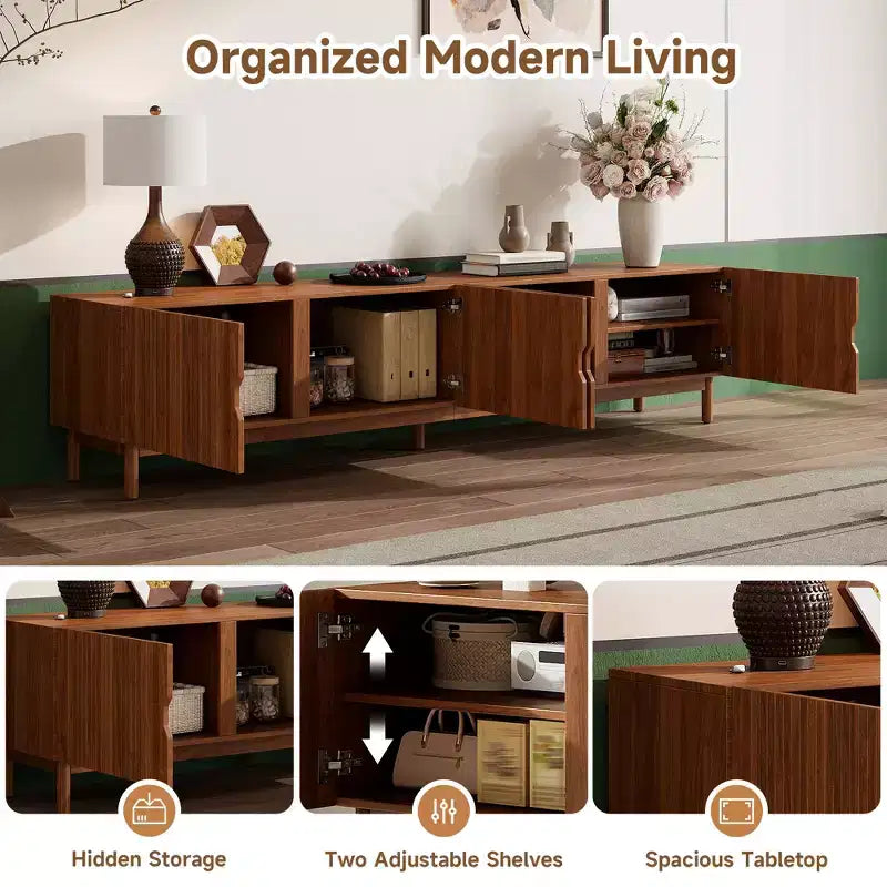 87 Inch TV Stand for TVs up to 90", Groove Soft-Close Doors, Solid Wood Legs, 100 lb