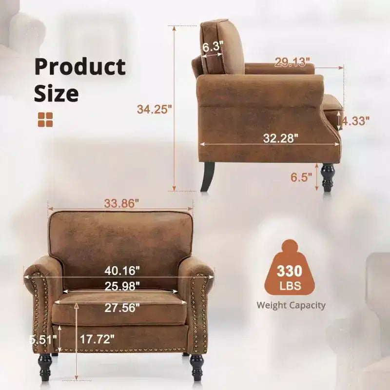 Fauteuil d'appoint classique simple, similicuir rouille, bordure cloutée cuivrée, 150 kg