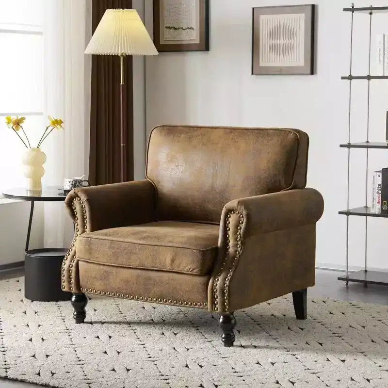 Fauteuil d'appoint classique simple, similicuir rouille, bordure cloutée cuivrée, 150 kg