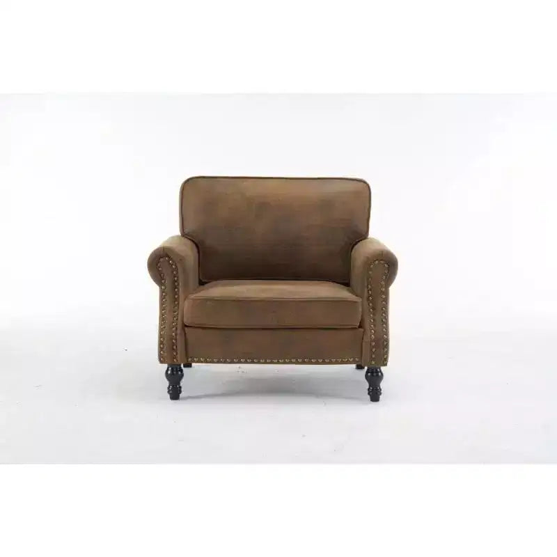 Classical Single Sofa Accent Chair, Rust Faux Leather, Copper Nailhead Trim, 330 lb
