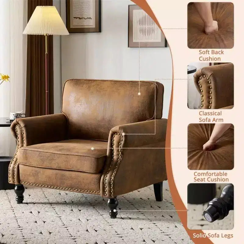 Fauteuil d'appoint classique simple, similicuir rouille, bordure cloutée cuivrée, 150 kg