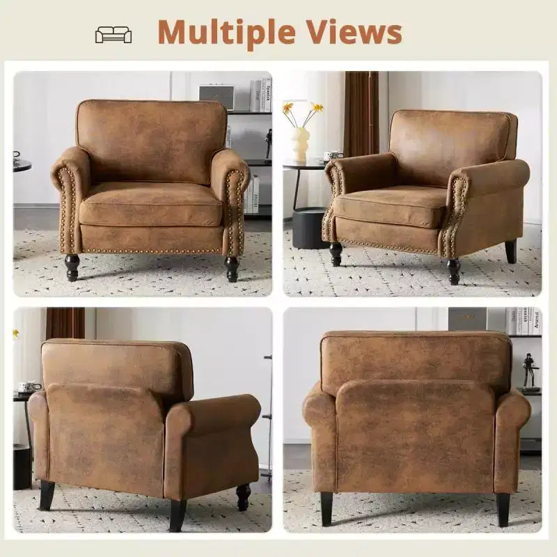 Fauteuil d'appoint classique simple, similicuir rouille, bordure cloutée cuivrée, 150 kg