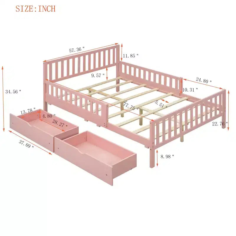 Lit plateforme entièrement en bois avec barrières de sécurité et 2 tiroirs de rangement, rose