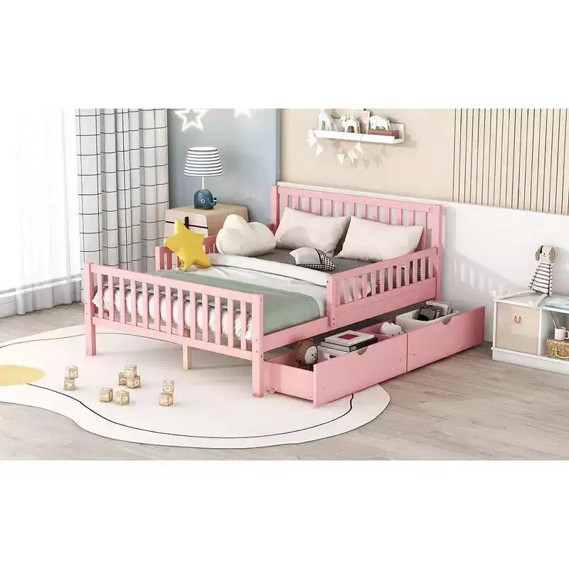 Lit plateforme entièrement en bois avec barrières de sécurité et 2 tiroirs de rangement, rose
