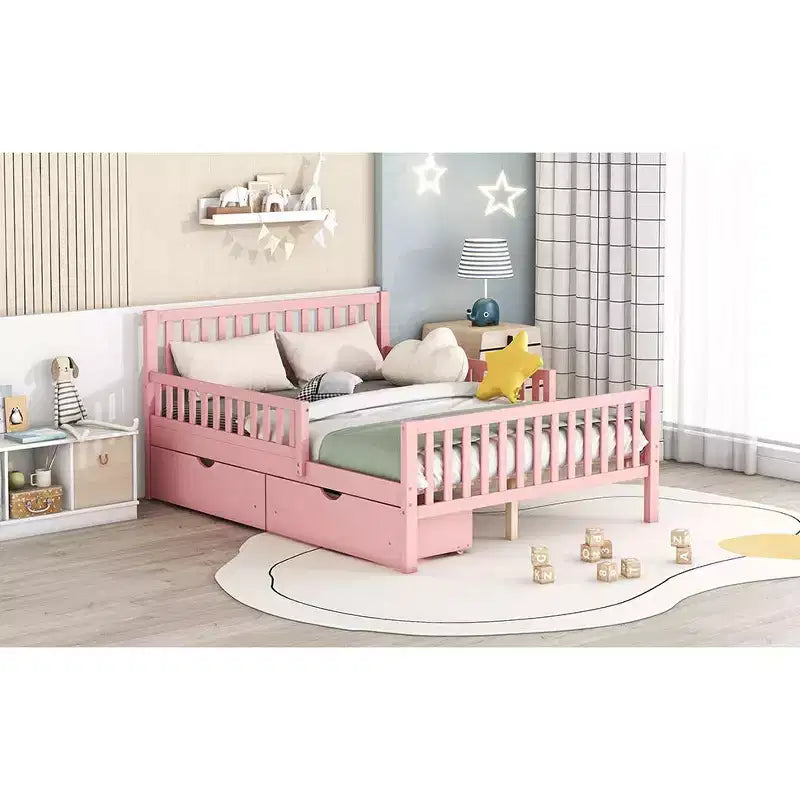 Lit plateforme entièrement en bois avec barrières de sécurité et 2 tiroirs de rangement, rose