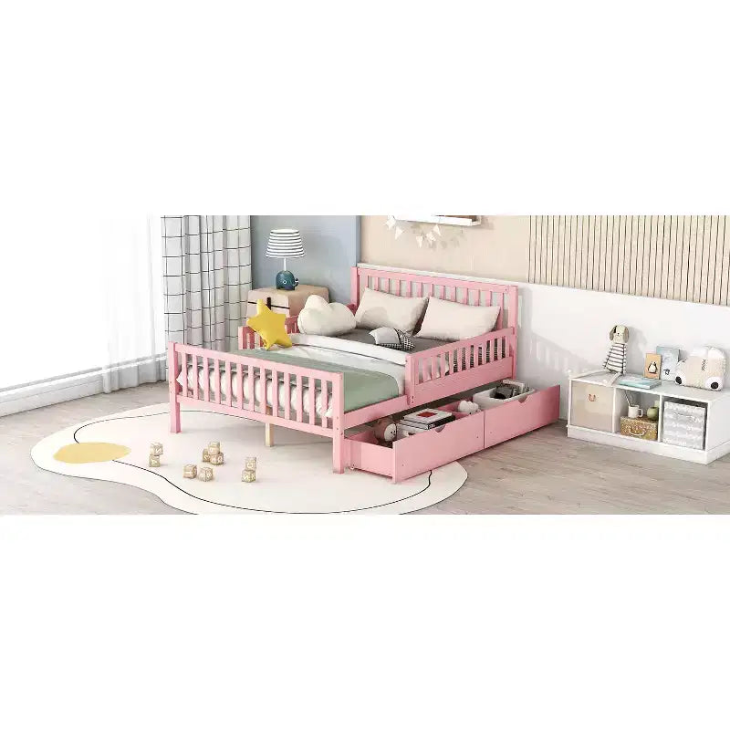 Lit plateforme entièrement en bois avec barrières de sécurité et 2 tiroirs de rangement, rose