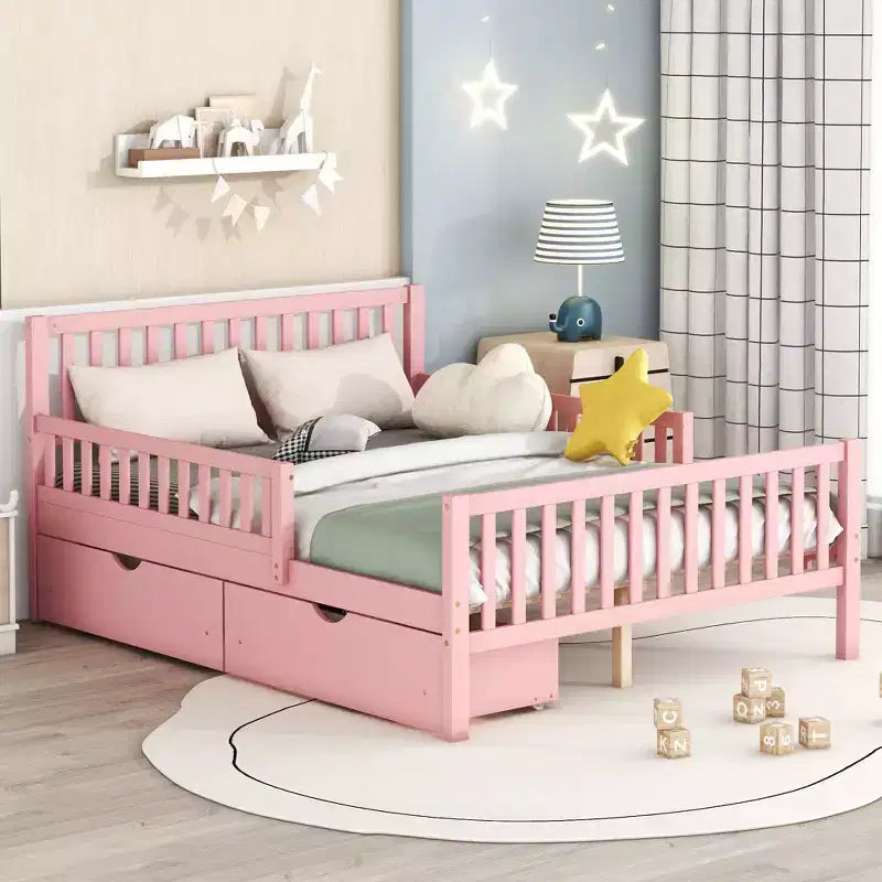 Lit plateforme entièrement en bois avec barrières de sécurité et 2 tiroirs de rangement, rose