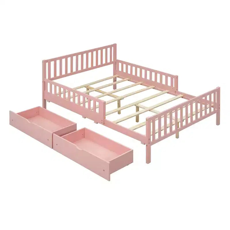 Full Wood Platform Bed with Guardrails and 2 Storage Drawers, Pink