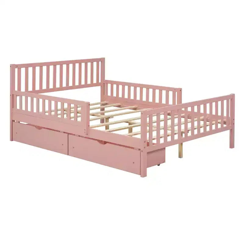 Full Wood Platform Bed with Guardrails and 2 Storage Drawers, Pink