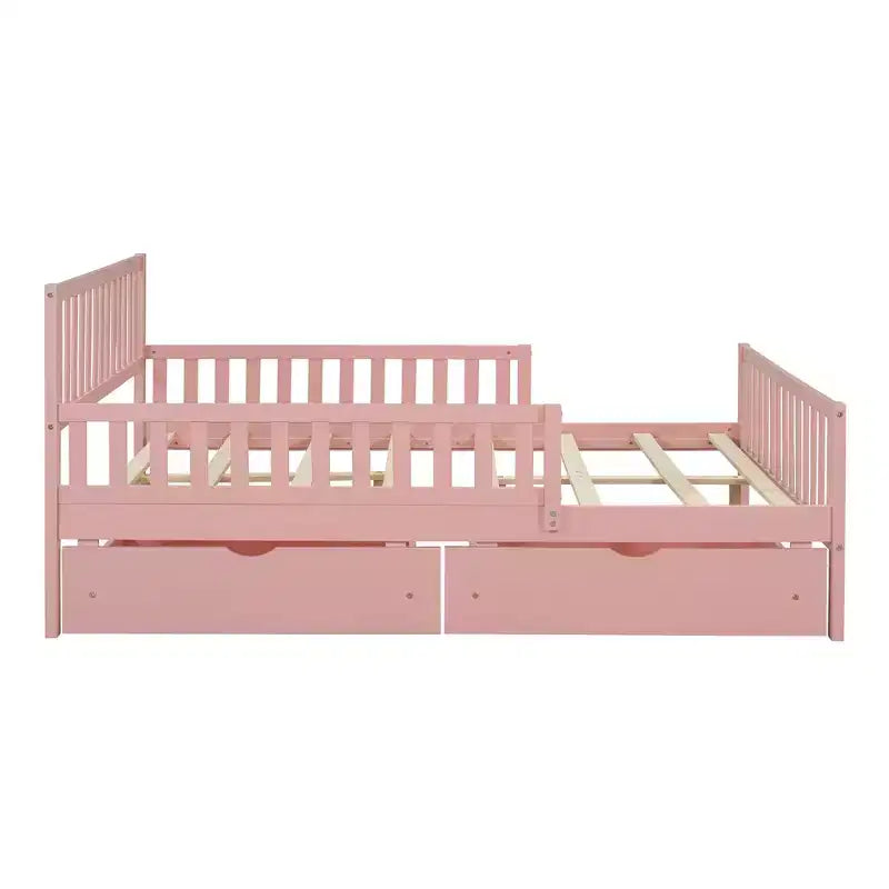 Full Wood Platform Bed with Guardrails and 2 Storage Drawers, Pink