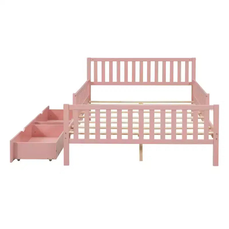 Lit plateforme entièrement en bois avec barrières de sécurité et 2 tiroirs de rangement, rose