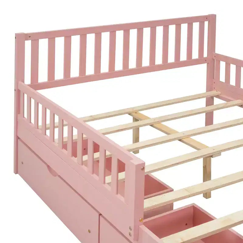 Lit plateforme entièrement en bois avec barrières de sécurité et 2 tiroirs de rangement, rose