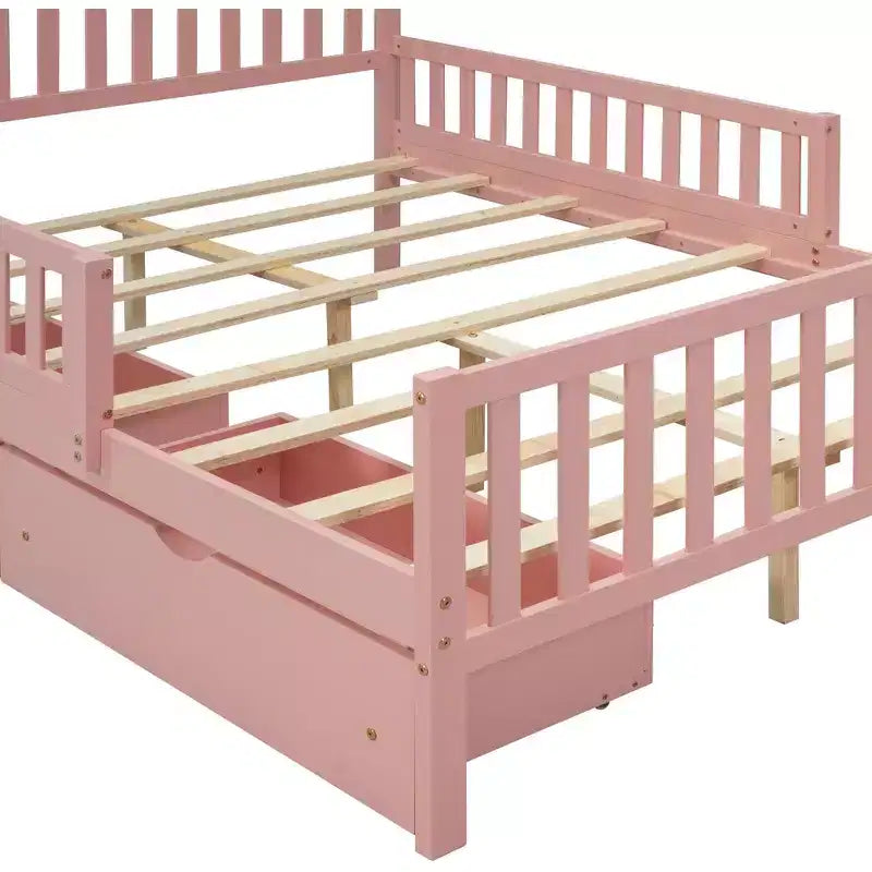 Lit plateforme entièrement en bois avec barrières de sécurité et 2 tiroirs de rangement, rose