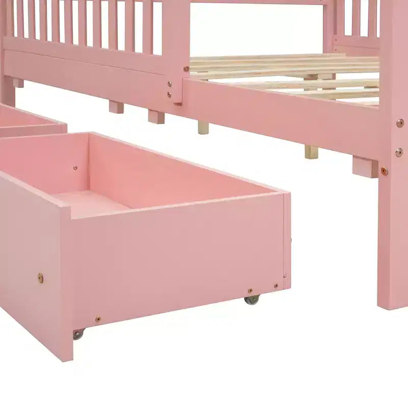 Lit plateforme entièrement en bois avec barrières de sécurité et 2 tiroirs de rangement, rose