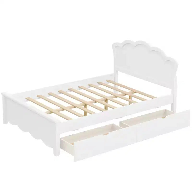 Lit plateforme moderne en bois avec tête de lit et 2 tiroirs de rangement, blanc, double/complet, 272 kg