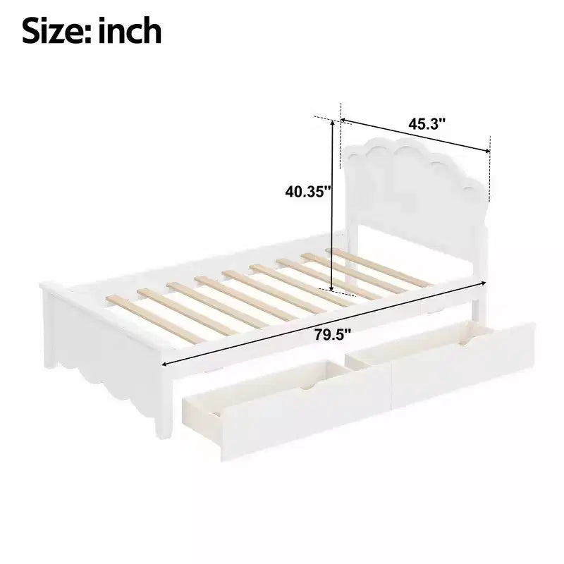 Lit plateforme moderne en bois avec tête de lit et 2 tiroirs de rangement, blanc, double/complet, 272 kg