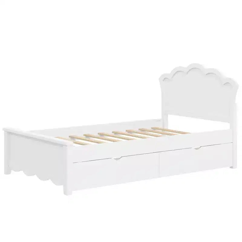Modern Wood Platform Bed with Headboard & 2 Storage Drawers, White, Twin/Full, 600 lb
