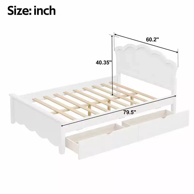 Lit plateforme moderne en bois avec tête de lit et 2 tiroirs de rangement, blanc, double/complet, 272 kg