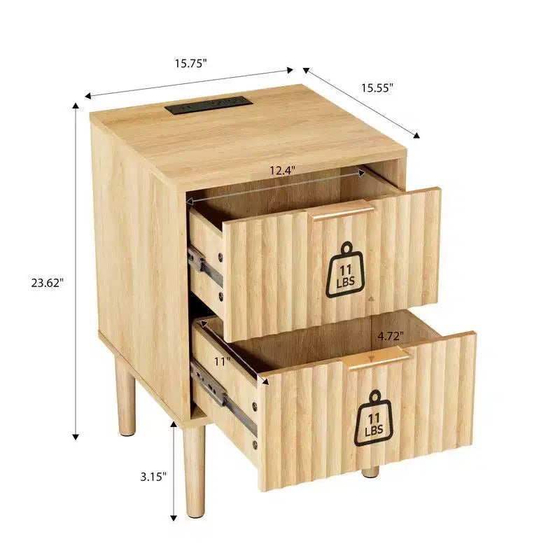 Table de chevet en chêne avec 2 tiroirs et prises USB, Type-C et AC intégrées, 15,7 W, MDF