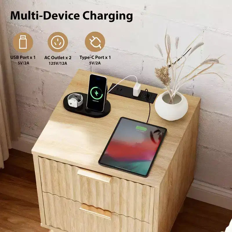 Table de chevet en chêne avec 2 tiroirs et prises USB, Type-C et AC intégrées, 15,7 W, MDF