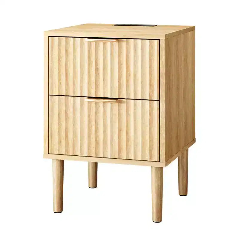 Table de chevet en chêne avec 2 tiroirs et prises USB, Type-C et AC intégrées, 15,7 W, MDF