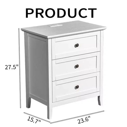 Table de chevet de 61 cm avec 3 tiroirs et prises USB, USB-C et CA intégrées, MDF, Blanc