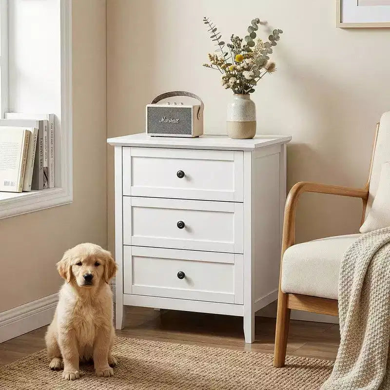 24 Inch Nightstand with 3 Drawers & Built-In USB, Type-C & AC Outlets, MDF, White
