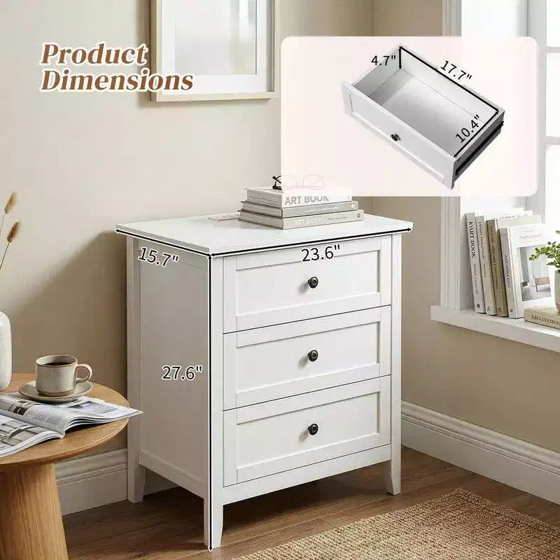 24 Inch Nightstand with 3 Drawers & Built-In USB, Type-C & AC Outlets, MDF, White